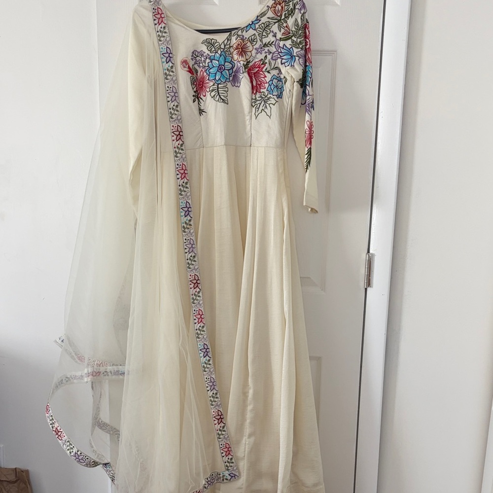 Elegant Cream Floral Embroidered Anarkali Dress